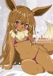 anime_style anthro anthrofied bed_sheet bedding big_ears bikini bikini_aside bikini_bottom bikini_thong bikini_top breasts brown_body brown_hair clothing clothing_aside ears_up female fur hair long_hair multicolored_body multicolored_fur navel pokemorph purple_eyes small_breasts smile solo swimwear swimwear_aside tail tongue tongue_out two-piece_swimsuit misslulumochi nintendo pokemon eevee generation_1_pokemon pokemon_(species)