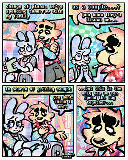 4_panel_comic aloha_shirt anthro book bow_tie cheek_tuft cigarette cigarette_in_mouth clothing dialogue duo facial_tuft floppy_ears fur half-closed_eyes male narrowed_eyes object_in_mouth overalls pattern_clothing pattern_shirt pattern_topwear shirt smoking_tobacco speech_bubble text topwear tuft white_body white_fur yellow_body yellow_fur rawdawgcomics bingus_(rawdawgcomics) stahli_(rawdawgcomics) bird_dog canid canine canis domestic_dog golden_retriever hunting_dog lagomorph leporid mammal rabbit retriever 4:5 comic english_text hi_res