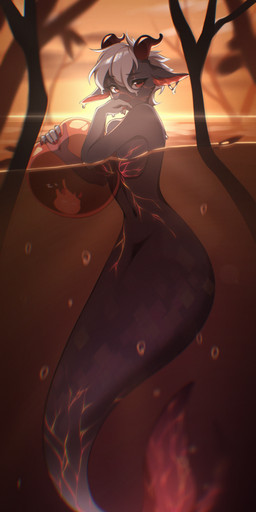 anthro black_body black_fur black_tail breasts brown_background bubble colored_nails cracks dripping featureless_breasts female fire fish_tail fur hair horn looking_at_viewer markings mermaid_tail mermaidification multicolored_body multicolored_tail nails partially_submerged red_eyes red_nails red_tail simple_background solo split_form swimming tail white_body white_fur white_hair white_tail wide_hips neon-chan mythology scelera bovid caprine caprine_demon demon elemental_creature fire_creature goat goat_demon hybrid mammal marine merfolk mythological_creature mythological_marine succubus absurd_res hi_res