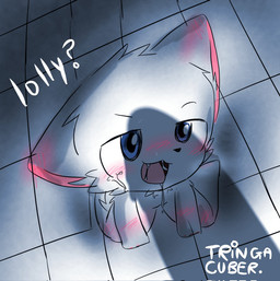 anthro big_penis blue_eyes blush bodily_fluids bulge detailed_bulge dripping floor fur genital_outline genitals huge_penis kneeling looking_up male open_mouth penis penis_outline penis_shadow pink_inner_ear saliva saliva_drip saliva_on_tongue saliva_string solo suggestive text tile tile_floor white_body white_fur tringa changed_(video_game) lin_(changed) canid canine canis mammal wolf english_text hi_res