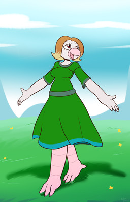 4_toes 5_fingers albino anthro avian_feet barefoot beak blonde_hair blue_clothing blue_dress breasts claws clothing dress feathers feet female field fingers green_clothing green_dress grey_body grey_feathers hair looking_away looking_up medium_breasts orange_hair outside pink_beak pink_claws solo spread_arms toe_claws toes white_body white_feathers felino avian bird columbid pigeon 2022 absurd_res character_request hi_res