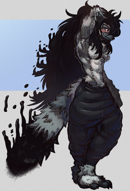 anthro arm_tuft biped black_clothing black_fur_markings black_hair black_nose blush bottomwear chest_tuft clothed clothing curly_hair dipstick_ears ear_markings ear_tuft elbow_tuft facial_hair facial_tuft fluffy fluffy_body fluffy_tail fur goatee grey_body grey_fur grey_hair hair ink leg_tuft long_hair long_tail looking_away male male_anthro markings multicolored_body multicolored_ears multicolored_fur multicolored_hair neck_tuft pants partially_clothed red_eyes solo standing tail topless tuft waist_tuft white_body white_fur jwbash roku_(jwbash) lemur mammal primate ring-tailed_lemur strepsirrhine absurd_res hatching_(art) hi_res shaded