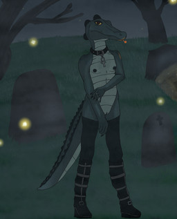 ankh anthro black_nails boots breasts cemetery cigar cigar_in_mouth cigarette clothing collar colored_nails female fog footwear genitals grave nails navel nipples non-mammal_breasts non-mammal_navel non-mammal_nipples object_in_mouth scales shoes small_breasts solo ventral_scales vulva stardust_strix night_in_the_woods bea_santello crocodile crocodilian reptile scalie hi_res