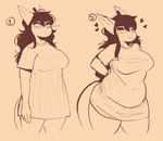 anthro bangs big_breasts biped blush blush_lines bodily_fluids bottomless breasts clothed clothing clothing_pull ellipsis female grin hair heart_symbol long_hair looking_at_viewer messy_hair navel_outline nervous oversized_clothing oversized_shirt oversized_topwear overweight overweight_anthro overweight_female seducing_viewer seductive shirt shirt_only shirt_pull shy smile solo standing sweat sweatdrop t-shirt t-shirt_only tail thick_thighs three-quarter_view topwear topwear_only topwear_pull wide_hips locksnurf harper_(locksnurf) fish marine shark 2022 digital_drawing_(artwork) digital_media_(artwork) hi_res monochrome sketch