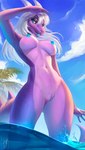 anthro big_breasts blue_eyes blue_pussy breasts clitoral_hood cloud cocked_hip eyelashes female genitals hair horn humanoid_genitalia humanoid_pussy long_hair looking_at_viewer low-angle_view navel nipples non-mammal_breasts nude nude_anthro nude_female outdoor_nudity outside partially_submerged plant purple_body purple_scales pussy scales skinny_dipping sky solo standing tail tree water white_hair art-abaddon mythology rythmyr dragon mythological_creature mythological_scalie scalie absurd_res digital_media_(artwork) hi_res shaded