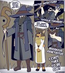 anthro beard black_hair book bottomwear breasts brown_body brown_fur brown_hair brown_tail clothed clothed_anthro clothed_female clothed_human clothed_male clothing cloven_hooves dialogue duo eyewear facial_hair female footwear front_view fully_clothed fully_clothed_anthro fully_clothed_female fully_clothed_human fully_clothed_male fur glasses hair hat headgear headwear holding_book holding_object holding_staff hooves looking_at_another looking_up looking_up_at_another male open_mouth shoes speech_bubble staff standing tail teeth text tongue topwear the_man jane_(the_man) the_man_(character) deer human mammal 2025 absurd_res digital_media_(artwork) english_text hi_res