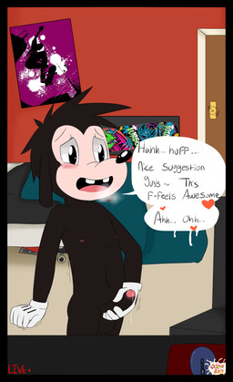 anthro balls black_border bodily_fluids border cam_show camera_view genital_fluids genitals heart_symbol livestream male masturbation penile penile_masturbation penis solo text young young_anthro oooeygoooey disney goof_troop max_goof canid canine canis domestic_dog mammal english_text hi_res