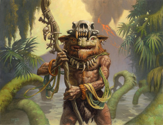 anthro bottomwear clothing day forest holding_object holding_staff jewelry jungle lava loincloth male muscular muscular_male outside plant skull_hat smile smoke solo staff tree volcano water mark_zug hasbro magic:_the_gathering wizards_of_the_coast species_request hi_res official_art
