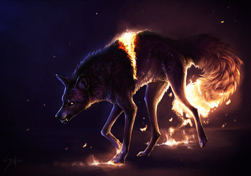 ambiguous_gender angry burning dark fantasy feral fire fur hell light looking_at_viewer night solo teeth safiru mythology canid canine canis domestic_dog mammal mythological_canine mythological_creature werecanid werecanine werecreature werewolf wolf