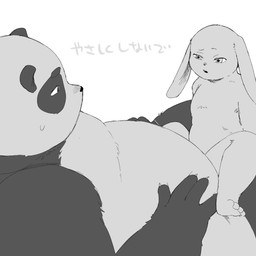 anthro belly duo emoji_description kemono long_ears male male/male nipples nude overweight size_difference straddling text a1xz00 bear giant_panda lagomorph leporid mammal rabbit hi_res japanese_text monochrome