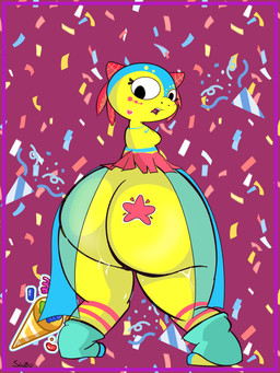 anthro armless big_butt butt confetti female pinata solo standing sticker_on_butt stickers_on_face warmers yellow_body shakewell-before-use alebrije amphibian animate_inanimate axolotl living_pinata marine mole_salamander salamander 3:4 absurd_res hi_res