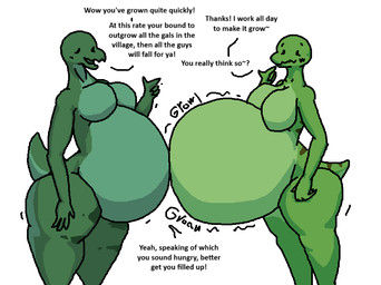 anthro big_breasts blush blush_lines breasts dialogue duo featureless_breasts female female_anthro green_body multicolored_body non-mammal_breasts obese obese_anthro obese_female overweight overweight_anthro overweight_female rumbling_stomach short_tail simple_background standing tail text thick_thighs touching_bellies two_tone_body weight_gain wide_hips 6saw789 dinosaur prehistoric_species reptile scalie 2024 aliasing digital_drawing_(artwork) digital_media_(artwork) english_text