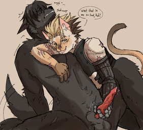 anthro assisted_masturbation black_body black_fur bodily_fluids desperation dirty_talk dripping duo edging flustered fur genital_fluids genitals head_on_chest knot knot_tugging leather lying_on_chest male male/male penis precum precum_drip prosthetic prosthetic_limb robotic_arm scar scarred_body tail tail_motion tailwag throbbing throbbing_penis cryptorch1dism trigun nicholas_d_wolfwood vash_the_stampede canid canine canis colorpoint domestic_cat felid feline felis mammal wolf hi_res