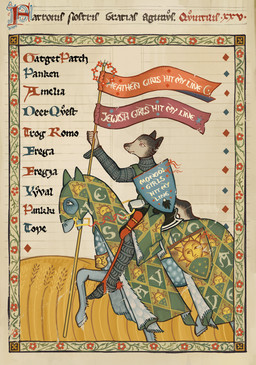 anthro armor banner black_body black_fur chainmail clothed clothed_anthro clothed_female clothing duo female feral fully_clothed fully_clothed_anthro fully_clothed_female fur green_clothing holding_object holding_shield horseback_riding illuminated_manuscript medieval medieval_armor mount multicolored_body multicolored_fur riding shield text two_tone_body two_tone_fur white_body white_fur mia_cain vesna_(mia_cain) canid canine canis equid equine horse mammal wolf absurd_res english_text hi_res