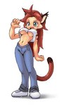 big_breasts blue_eyes bottomwear breasts brown_hair cat_tail clothed clothing ear_tuft female fusion hair inner_ear_fluff long_hair midriff open_mouth pants red_hair shirt solo stripes topwear tuft under_boob nekonny caribbean_blue tina_(caribbean_blue) yuki_(caribbean_blue) animal_humanoid cat_humanoid domestic_cat felid felid_humanoid feline feline_humanoid felis humanoid mammal mammal_humanoid