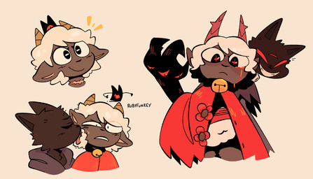 2_horns 3_eyes ambiguous_anthro ambiguous_gender anthro bell bell_collar collar fur grin horn licking licking_another multi_eye multiple_positions neck_scar red_eyes simple_background smile tongue white_body white_fur white_wool wool_(fur) rubyfunkey cult_of_the_lamb massive_monster_(studio) lamb_(cult_of_the_lamb) narinder bovid caprine domestic_cat felid feline felis mammal sheep 2024 digital_drawing_(artwork) digital_media_(artwork) hi_res