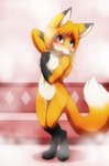 anthro bathroom black_body black_fur black_nose blush breasts cartoon_nudity featureless_crotch female fingers fur hair heterochromia long_hair looking_at_viewer navel orange_body orange_fur shower small_breasts solo standing white_body white_fur darkmirage foxyverse amber_(mancoin) canid canine fox mammal 2020 digital_media_(artwork) hi_res