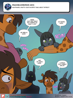 anthro anthro_on_anthro arm_bite ask_blog black_body black_fur black_hair black_nose dialogue duo female fur hair male male/female markings sniffing speech_bubble spots spotted_body spotted_fur text yellow_body yellow_fur conditional_dnp kadath nightshade_(kadath) patrick_(kadath) canid canine canis giraffe giraffid jackal mammal 2025 english_text hi_res