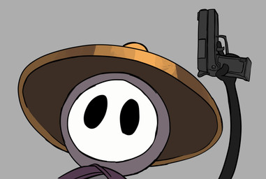 ambiguous_anthro ambiguous_gender anthro clothing grey_background gun hat headgear headwear holding_gun holding_object holding_ranged_weapon holding_weapon mask ranged_weapon simple_background solo weapon wayesh hollow_knight:_silksong hollow_knight_(franchise) team_cherry sherma_(hollow_knight:_silksong) arthropod insect 2025 headshot_portrait hi_res portrait