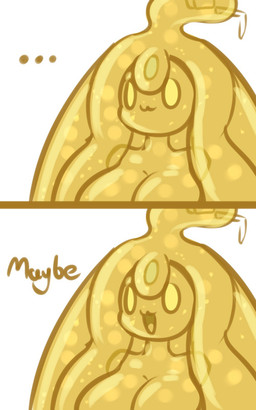 2_panel_comic big_breasts breasts dialogue ellipsis female open_mouth open_smile pseudo_hair simple_background smile solo text tongue white_background yellow_body latiar fizzi_(latiar) goo_creature humanoid 5:8 comic english_text hi_res