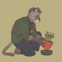 anthro bottomwear brown_body clothed clothed_anthro clothing ear_piercing ear_ring eyewear glasses green_background holding_pot holding_potted_plant kneeling male male_anthro pants piercing plant plant_pot potted_plant ring_piercing shirt simple_background solo topwear wearing_glasses contort_desire domestic_cat felid feline felis mammal 1:1 hi_res