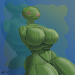 big_breasts blue_background blush breasts crossed_arms embarrassed eyeless featureless_breasts female food fruit green_body huge_breasts melon nude plant simple_background solo thick_thighs watermelon wide_hips affront elemental_creature elemental_humanoid flora_fauna food_creature food_humanoid fruit_humanoid humanoid living_fruit plant_humanoid 1:1 hi_res signature
