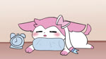 3_toes alarm_clock ambiguous_gender blue_body blue_eyes blue_fur blush breath chibi clock duo ears_down eyes_closed feet fluffy fluffy_ears fluffy_tail fur long_ears lying on_front on_pillow open_mouth pillow pink_body pink_fur pink_paws pink_tail pivoted_ears ribbons rumbling_stomach sleeping slightly_chubby spread_legs spreading tail toes white_body white_fur sum nintendo pokemon eeveelution generation_4_pokemon generation_6_pokemon glaceon pokemon_(species) sylveon 16:9 animated better_version_at_source long_playtime sound webm widescreen