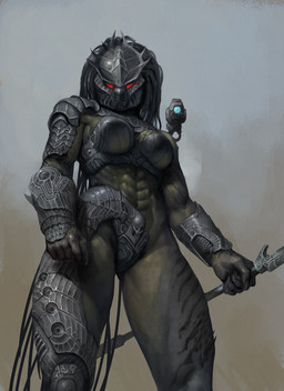 abs armor athletic athletic_female athletic_humanoid black_hair breasts clothing crotch_plate female gauntlets gloves glowing glowing_eyes green_body green_skin grey_body grey_skin hair handwear headgear helmet holding_object holding_weapon long_hair looking_at_viewer medium_breasts not_furry pauldron red_eyes shoulder_armor shoulder_cannon solo spines thick_thighs toned_female unconvincing_armor weapon oleg_bulakh predator_(franchise) alien alien_humanoid humanoid yautja 2025 hi_res