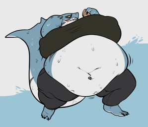 anthro belly belly_piercing big_belly big_breasts blue_body bodily_fluids breasts cellulite eyebrow_piercing eyelashes facial_piercing female hand_behind_head huge_belly huge_breasts long_tail morbidly_obese morbidly_obese_anthro morbidly_obese_female motion_lines nipple_outline obese obese_anthro obese_female overweight overweight_anthro overweight_female piercing scar sharp_teeth smile solo standing sweat sweaty_belly tail teeth white_body yellow_sclera smokii aquatic fish shark hi_res