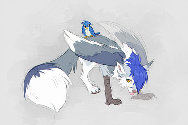 ambiguous_gender bangs beak blep blue_hair cheek_tuft duo eye_contact facial_tuft feathered_wings feathers female feral feral_with_hair fur grey_body grey_fur hair head_down looking_at_another pink_tongue short_hair simple_background sitting sitting_on_another size_difference smaller_ambiguous smile smiling_at_another standing tail tongue tongue_out tuft white_body white_fur wings yellow_beak yellow_eyes azzai gabriel_serealia north_(gabriel_serealia) avian bird canid canine fox hybrid mammal 3:2 colored colored_sketch digital_drawing_(artwork) digital_media_(artwork) flat_colors sketch
