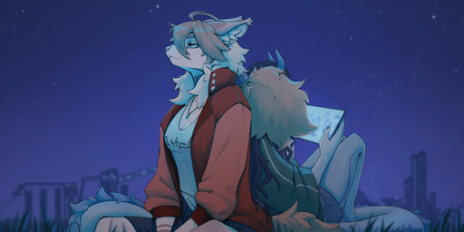 ambiguous_gender anthro biped bottomwear breasts claws clothed clothed_ambiguous clothed_anthro clothed_female clothing duo female fingers front_view fully_clothed fully_clothed_ambiguous fully_clothed_anthro fully_clothed_female fur hair night outside sitting sky star tail topwear mergremil canid canine mammal 2026 digital_drawing_(artwork) digital_media_(artwork) hi_res