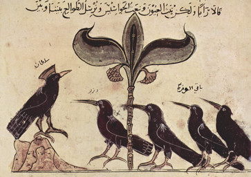 1220 ambiguous_gender avian_feet beak black_body black_feathers crown feathers feral group headgear illuminated_manuscript medieval plant rock side_view standing text wearing_crown unknown_artist kalila_wa_dimna kalila_wa_dimna_(translated_by_ibn_al_muqaffa) the_crow_king_(kalila_wa_dimna) avian bird corvid corvus_(genus) crow oscine passerine 13th_century ancient_art arabic_description arabic_text english_description hi_res traditional_media_(artwork) translation_request
