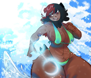 2_horns anthro big_breasts bikini blue_sky breasts brown_body brown_eyebrows brown_eyes brown_fur brown_hair brown_tail clothed clothed_anthro clothed_female clothing cloud eyebrows female female_anthro fingers fur green_bikini green_clothing green_swimwear hair head_horn horn huge_hips huge_thighs lens_flare light navel neck_tuft open_mouth open_smile sky smile solo sparkles sun sunlight swimwear tail thick_thighs tuft two-piece_swimsuit water wet wet_body wet_fur white_sclera wide_hipped_anthro wide_hipped_female wide_hips mat_zeus mammal species_request 2025 absurd_res digital_media_(artwork) hi_res portrait three-quarter_portrait