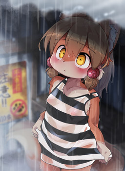 accessory anthro blush clothing countershading detailed_background femboy hair_accessory male nipple_outline nipples panties raining solo translucent translucent_clothing underwear wet wet_clothing yellow_eyes young young_anthro young_male dagasi perro-kun canid canine fox mammal hi_res