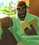 2_horns anthro biped book broken_horn brown_body brown_fur curved_horn eyewear fur glasses horn male muscular muscular_anthro muscular_male reading reading_book solo wearing_glasses nomifuki bovid bovine cattle mammal 2024 hi_res