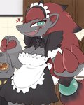 anthro biped black_body black_fur breasts cleavage clothed clothing detailed_background female fur green_eyes grey_body grey_fur looking_at_viewer maid_uniform open_mouth open_smile red_body red_fur smile solo uniform svkhaiminh nintendo pokemon generation_5_pokemon pokemon_(species) zoroark hi_res