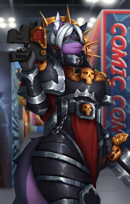 anthro armor biped black_armor black_body black_fur black_nose blurred_background bolt_pistol clothed clothing cosplay detailed_background eye_patch eyewear female fur gun hair holding_gun holding_melee_weapon holding_object holding_ranged_weapon holding_sword holding_weapon inner_ear_fluff inside machine melee_weapon power_armor purple_body purple_fur ranged_weapon snout solo standing sword tuft weapon white_hair white_inner_ear_fluff yellow_eyes kbart warhammer_(franchise) warhammer_40000 alexandrite_(wolftothepast) canid canine mammal 2025 digital_media_(artwork) hi_res shaded