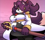 4_fingers anthro big_breasts black_nose breasts brown_body brown_fur brown_hair button_(fastener) clothed clothed_anthro clothed_female clothing epaulet female female_anthro fingers fully_clothed fully_clothed_anthro fully_clothed_female fur hair hair_over_eye holding_melee_weapon holding_object holding_sword holding_weapon light_body light_face light_fur melee_weapon mouth_closed red_eyes solo sword tail topwear two_tone_tail weapon white_clothing cloudidoodles kita_(cloudidoodles) canid canine canis jackal mammal 2022 absurd_res digital_drawing_(artwork) digital_media_(artwork) hi_res portrait three-quarter_portrait