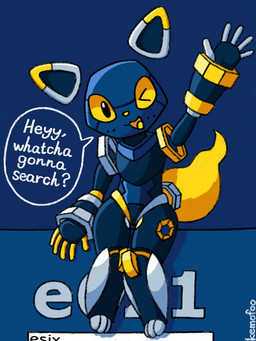 3_toes 5_fingers ambiguous_gender blue_body blush daww dialogue feet fingers looking_at_viewer machine mascot one_eye_closed open_mouth question_mark raised_arm simple_background sitting smile solo speech_bubble text toes tongue wink yellow_eyes kemofoo e621 esix android domestic_cat felid feline felis mammal robot robot_anthro 3:4 english_text hi_res signature