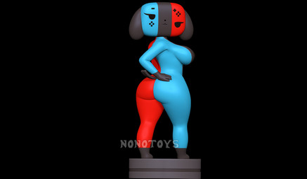anthro asymmetrical_coloring big_butt breasts butt controller female game_controller looking_at_viewer looking_back pose raised_tail smile solo tail nonotoys nintendo nintendo_switch switch_dog animate_inanimate canid canine canis domestic_dog mammal 3d_(artwork) digital_media_(artwork) hi_res pinup