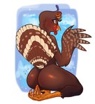 anthro beak brown_body brown_feathers butt curled_hair fan_tail feathers female hair makeup scuted_feet scutes solo wings pathesis avian bird galliform phasianid turkey absurd_res hi_res