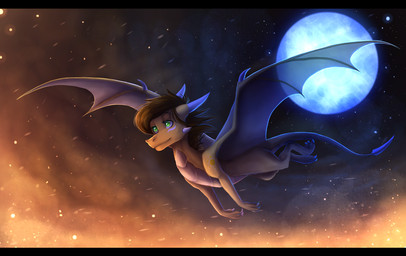 black_bars detailed_background feral flying green_eyes hair horn membrane_(anatomy) membranous_wings moon night outside sky star starry_sky tail wings skaydie european_mythology mythology dragon mythological_creature mythological_scalie scalie western_dragon 2015 digital_media_(artwork) letterbox