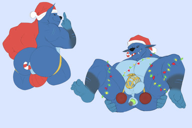 anal anal_penetration anthro balls big_butt big_claws black_sclera blue_body blue_fur butt candy candy_cane candy_cane_in_ass candy_cane_in_mouth chastity_cage chastity_device christmas_clothing christmas_headwear claws clothing dessert feet food fur genitals gold_(metal) gold_chastity_cage gold_chastity_device hat headgear headwear holidays jockstrap male mostly_nude muscular muscular_male nude object_in_ass penetration santa_hat soles solo toes underwear unrealrui activision christmas crash_bandicoot_(series) mammal ratcicle titan_(crash_bandicoot) 3:2 absurd_res hi_res
