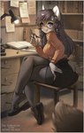 5_fingers anthro book bottomwear breasts chair claws clothed clothed_anthro clothed_female clothing eyewear female finger_claws fingers flats_(shoes) footwear fully_clothed fully_clothed_anthro fully_clothed_female fur furniture glasses grey_body grey_fur grey_hair grey_tail hair handpaw heelpop inner_ear_fluff inside legwear looking_at_viewer loose_footwear paws shoe_dangle shoes sitting skirt smile solo tail thigh_highs topwear tuft iskra domestic_cat felid feline felis mammal 2024 digital_media_(artwork) hi_res