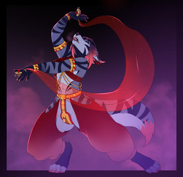 anthro biped chastity_belt chastity_device dancing feet female hair harem_outfit open_mouth paws seductive_dance solo tail kindreddemon alysethewolf canid canine canis mammal wolf hi_res