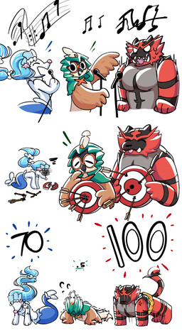 ambiguous_gender anthro arrow_(weapon) beak black_body black_fur blue_hair exercise feathers fur group hair long_hair push-up ranged_weapon red_body red_fur simple_background singing starfish_(accessory) starter_trio target weapon wings daily-incineroar nintendo pokemon aquatic asterozoan avian decidueye echinoderm felid generation_7_pokemon incineroar mammal pinniped pokemon_(species) primarina starfish 2_frame_animation 2d_animation animated high_framerate