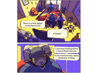 anthro bean_bag beanie beard bed clothed clothing dialogue electronics facial_hair furniture gaming group hat headgear headwear inside male messy playing_video_game sitting speech_bubble television text trio window phwog echo_(game) echo_(series) echo_project carl_hendricks chase_hunter flynn_moore asian_small-clawed_otter bighorn_sheep bovid caprine gila_monster helodermatid lizard mammal mustelid otter reptile scalie sheep 4:3 comic english_text first_page hi_res