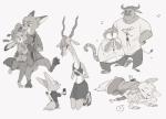 anthro clothed clothing female fur group horn male simple_background white_background kabe2mugi disney zootopia benjamin_clawhauser chief_bogo finnick_(zootopia) gazelle_(zootopia) jack_savage judy_hopps nick_wilde skye_(zootopia) antelope arctic_fox bovid bovine canid canine cape_buffalo cheetah felid feline fennec_fox fox gazelle lagomorph leporid mammal rabbit red_fox true_fox 2018 hi_res monochrome