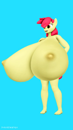 anthro big_breasts blue_background breasts female holding_breast huge_breasts hyper hyper_breasts nipples nude simple_background solo pinkierawr friendship_is_magic hasbro my_little_pony apple_bloom_(mlp) equid equine horse mammal pony 3d_(artwork) 9:16 digital_media_(artwork) hi_res