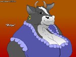1993 4:3 anthro big_breasts bovid bovine breasts cattle clothed clothing dan_canaan ear_piercing ear_ring ear_tag female fur gradient horn mammal piercing ring_piercing simple_background smile solo text